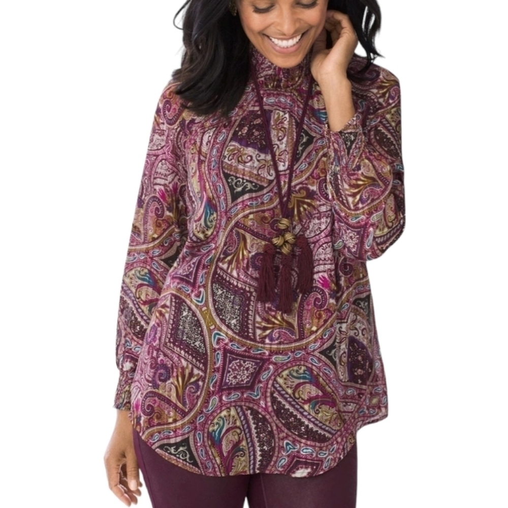 Chico's Purple Printed Bohemian Scrolls Smocked Mock-Neck Top - Size 0 (US 4)